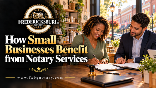 FXBG Notary banner showing a small boutique owner signing documents with a mobile notary.