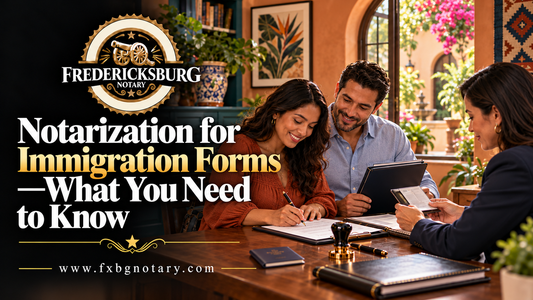 FXBG Notary immigration forms banner showing clients meeting with a notary in a Latin American-inspired office.