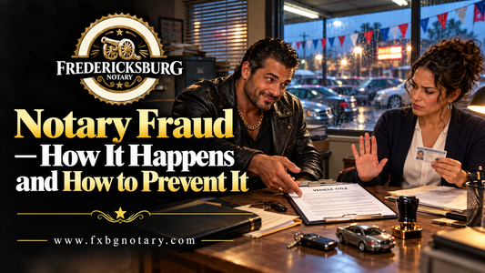 FXBG Notary fraud prevention banner showing a vigilant notary pausing a suspicious vehicle-title signing at a used-car dealership.