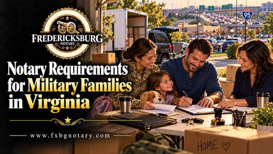 FXBG Notary military families banner showing a relocating family meeting with a notary amid moving boxes, shopping corridors and I-95 traffic.