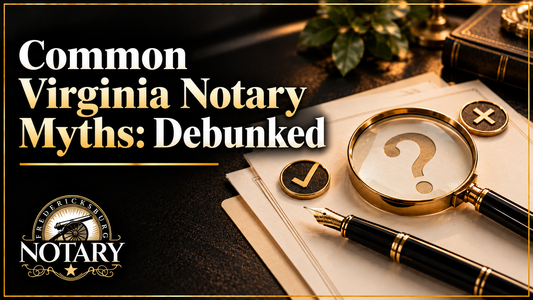 FXBG Notary myths cover with question-mark magnifying glass, document, pen and check mark