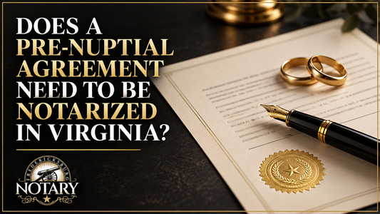 FXBG Notary cover for Virginia prenup notarization, showing wedding rings, a pen and agreement on a desk